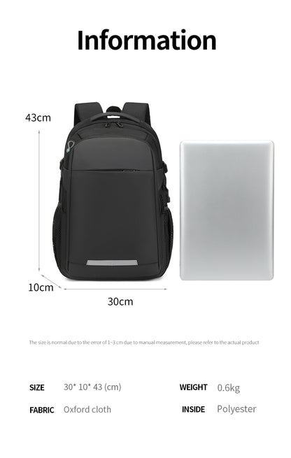 Rl-2300 Casual Laptop Travel Unisex Waterproof Backpack Bag USB Charging Port - Black