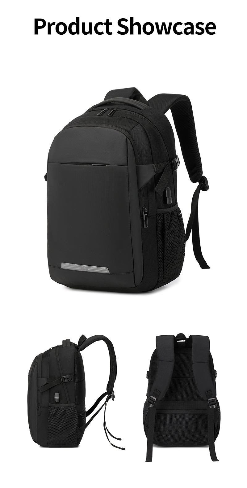 Rl-2300 Casual Laptop Travel Unisex Waterproof Backpack Bag USB Charging Port - Black