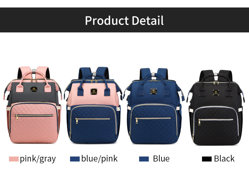 136 Baby Bed Maternity Diaper Waterproof Multifunctional large capacity backpack bag with USB Charging output - Pink/Blue