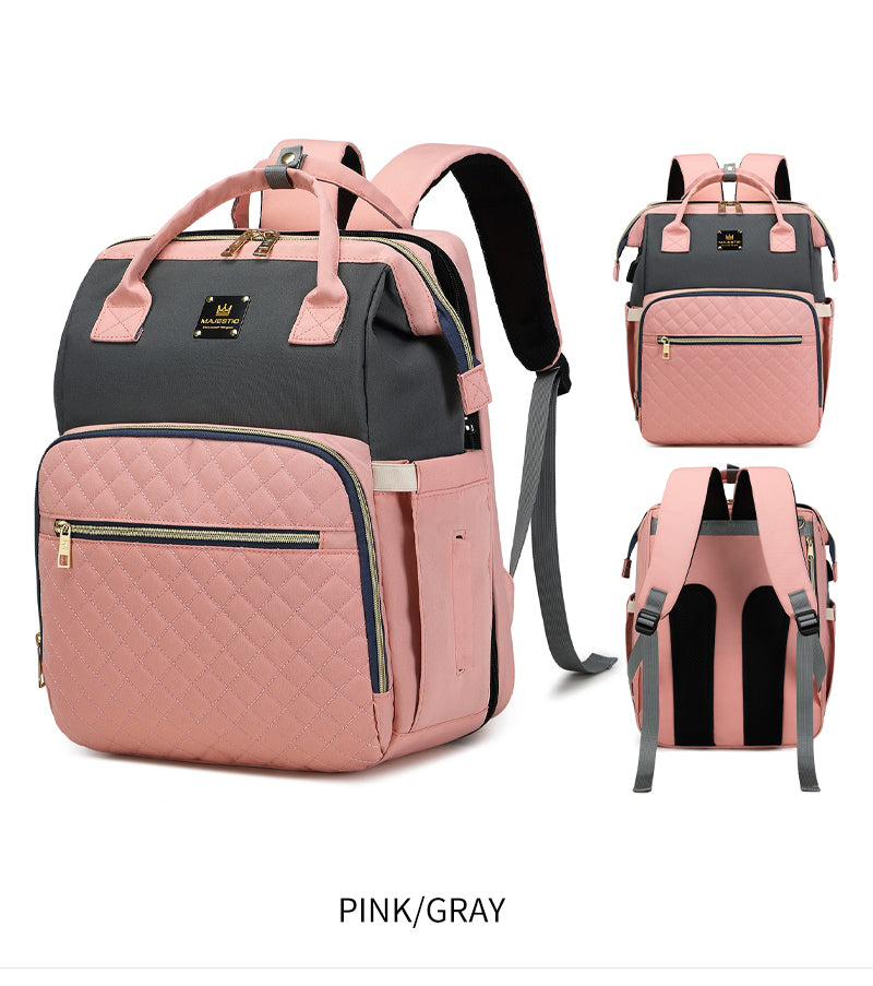 136 Baby Bed Maternity Diaper Waterproof Multifunctional large capacity backpack bag with USB Charging output - Pink/Grey