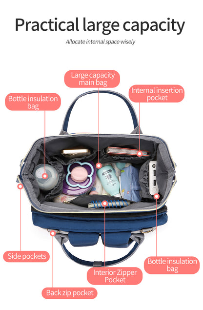 136 Baby Bed Maternity Diaper Waterproof Multifunctional large capacity backpack bag with USB Charging output - Black