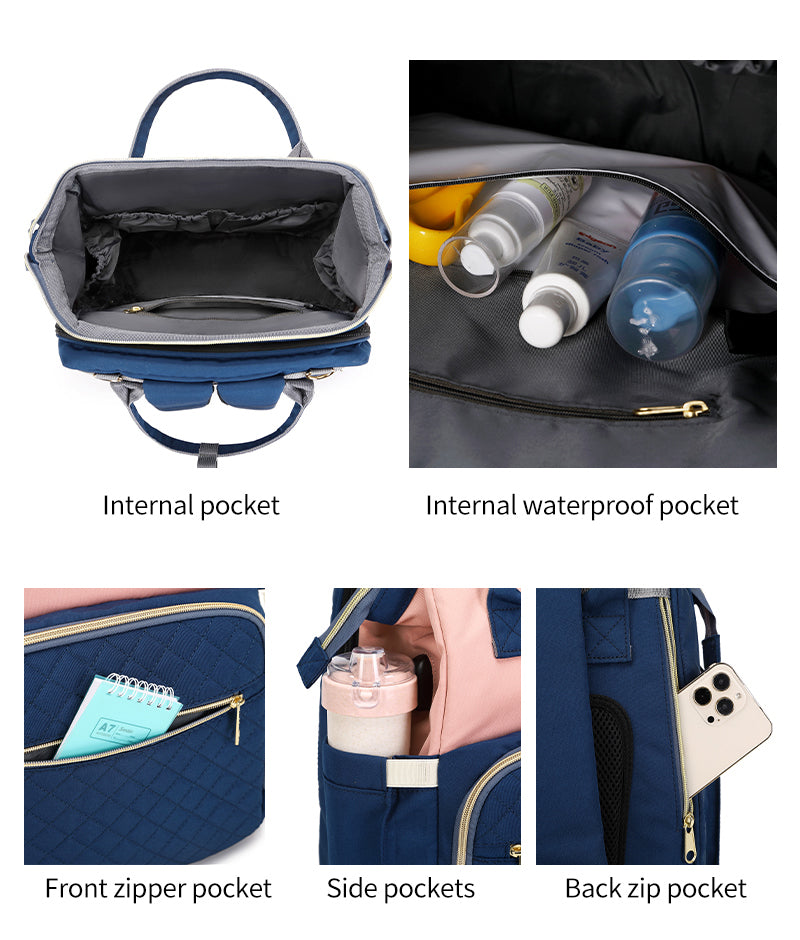 136 Baby Bed Maternity Diaper Waterproof Multifunctional large capacity backpack bag with USB Charging output - Blue