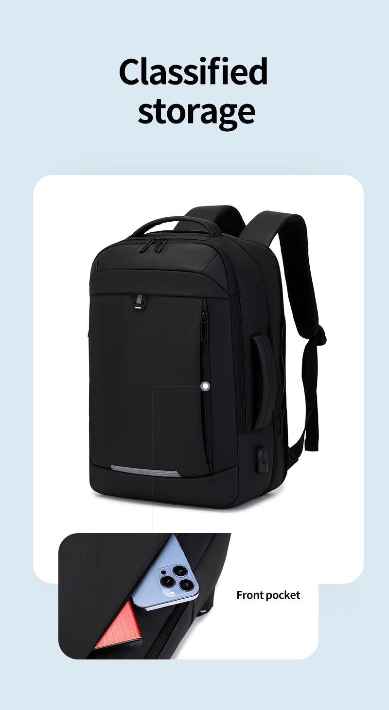 Rl-2218 Waterproof Backpack With A Bag Expansion Zipper And A USB Port - Black