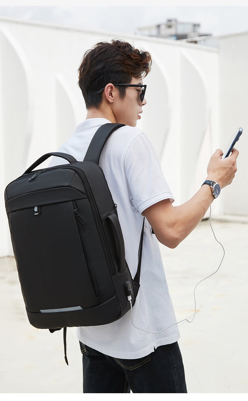 Rl-2218 Waterproof Backpack With A Bag Expansion Zipper And A USB Port - Black