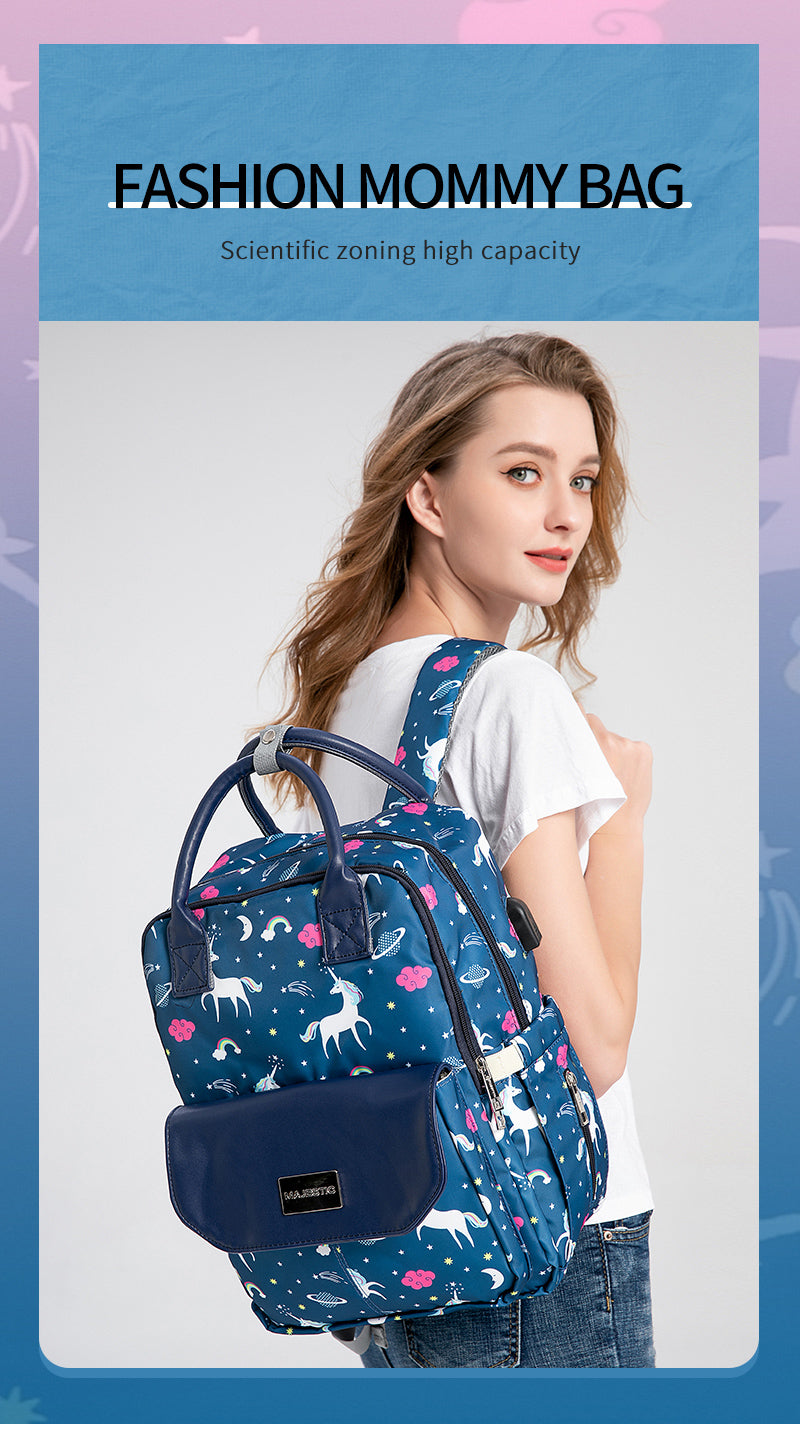 141 Mummy Maternity Diaper Elegant Waterproof Multifunctional large capacity backpack bag with USB Charging output -Unicorn Blue