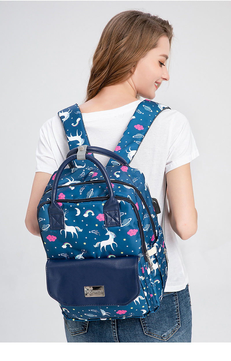 141 Mummy Maternity Diaper Elegant Waterproof Multifunctional large capacity backpack bag with USB Charging output -Unicorn Blue