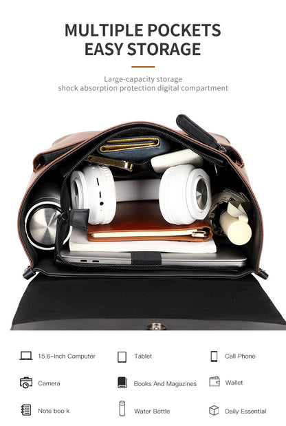 GLD117 Front Flap Leather Waterproof Multi-Pocket Travel Bag Backpack