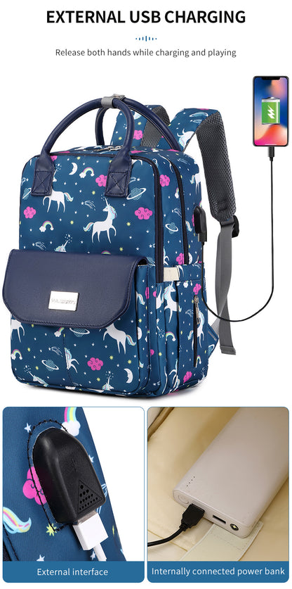 141 Mummy Maternity Diaper Elegant Waterproof Multifunctional large capacity backpack bag with USB Charging output - Blue