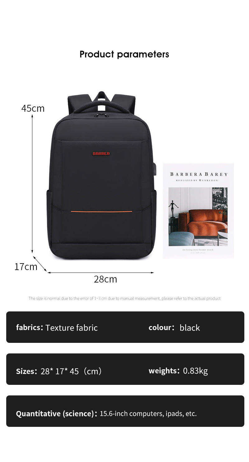 Rl-901 15.6-Inch Laptop Large Capacity Waterproof Business USB Charging Backpack, Black