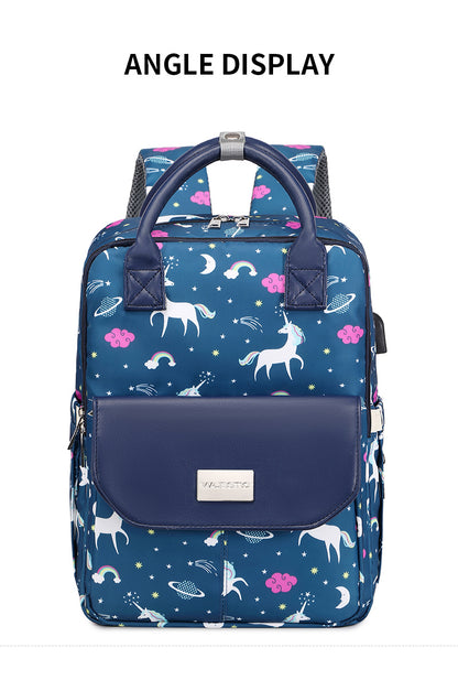 141 Mummy Maternity Diaper Elegant Waterproof Multifunctional large capacity backpack bag with USB Charging output -Unicorn Blue