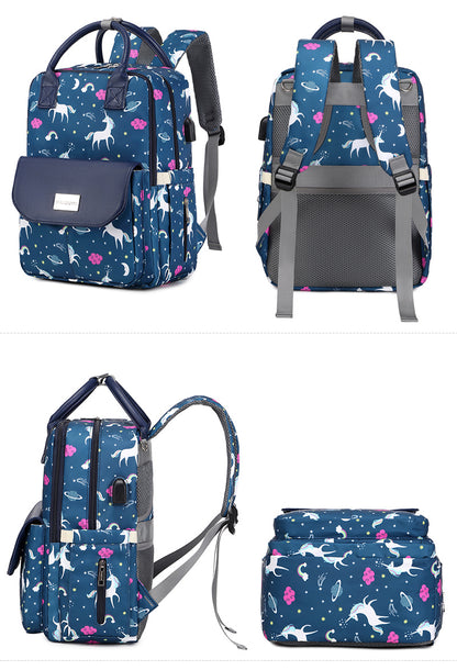 141 Mummy Maternity Diaper Elegant Waterproof Multifunctional large capacity backpack bag with USB Charging output -Unicorn Blue