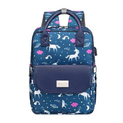 141 Mummy Maternity Diaper Elegant Waterproof Multifunctional large capacity backpack bag with USB Charging output -Unicorn Blue