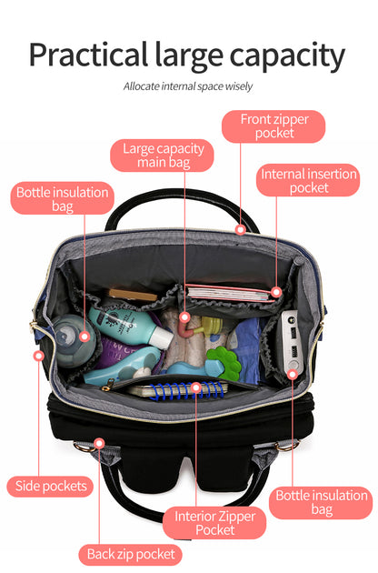 137 Baby Bed Maternity Diaper Waterproof Multifunctional large capacity backpack bag with USB Charging output - Black