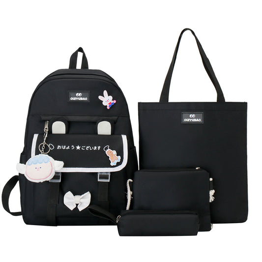 SG5028 4 PCs Multi-sets Female School Student Waterproof Fashion Student Travel Backpack Bag - Black