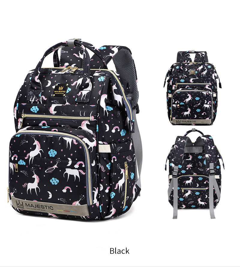 138 Mummy Maternity Diaper Unicorn Waterproof Multifunctional large capacity backpack bag with USB Charging output - Black