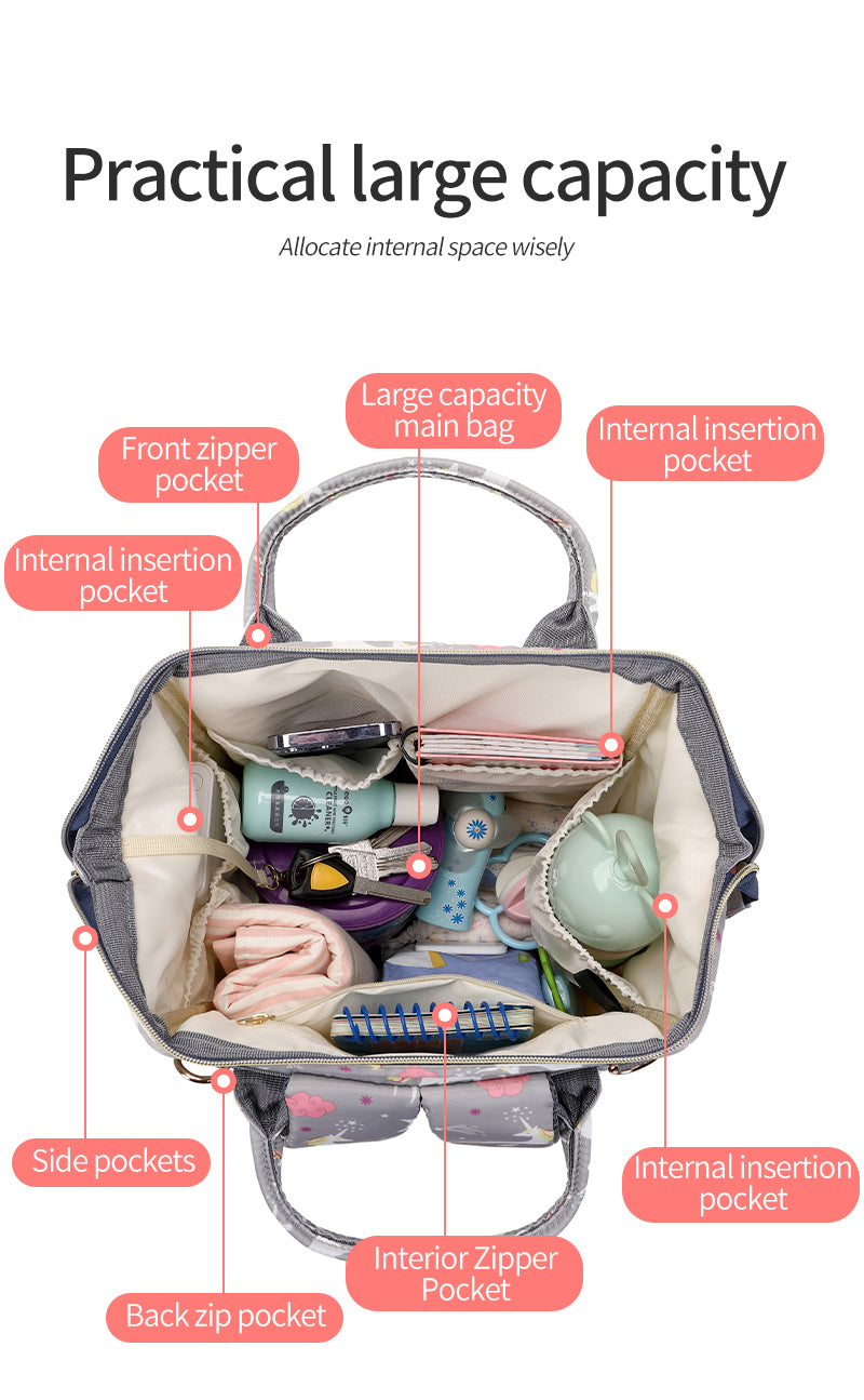 138 Mummy Maternity Diaper Unicorn Waterproof Multifunctional large capacity backpack bag with USB Charging output - Black