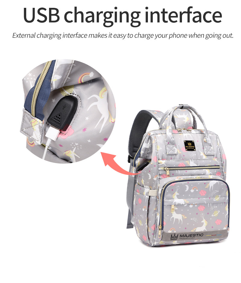 138 Mummy Maternity Diaper Unicorn Waterproof Multifunctional large capacity backpack bag with USB Charging output - Black