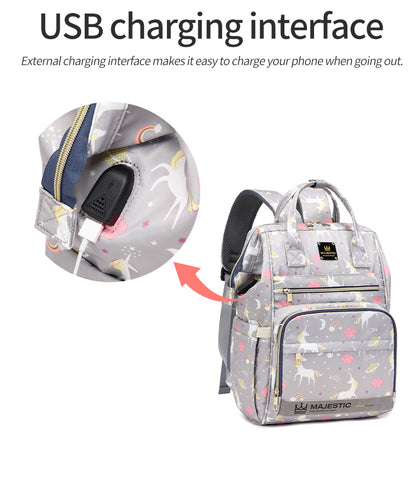 138 Mummy Maternity Diaper Unicorn Waterproof Multifunctional large capacity backpack bag with USB Charging output - Black