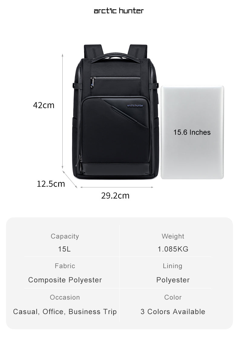 B00675 15.6-inch Laptop Business Casual Multifunction Backpack Waterproof Unisex Computer Bag Black