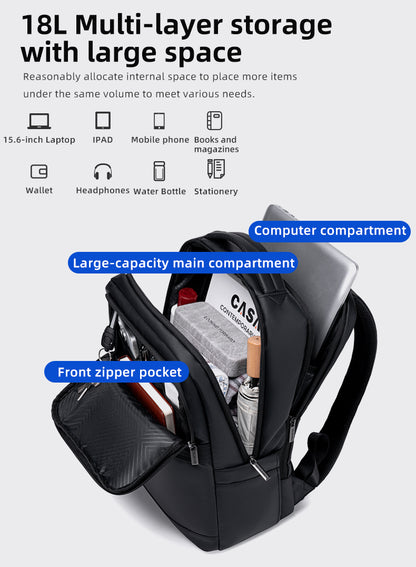 GB00728 15.6-inch Laptop Business Casual Large Capacity Water-resistant Backpack Bag - Black