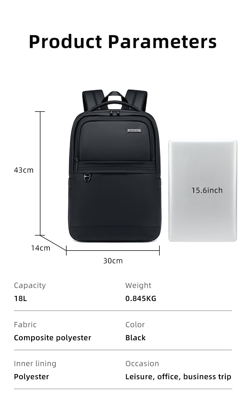 GB00728 15.6-inch Laptop Business Casual Large Capacity Water-resistant Backpack Bag - Black