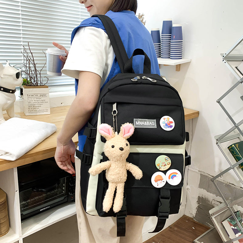 BS-402  4 PCs Multi-sets Female School Student Waterproof Fashion Student Travel Backpack Bag - Black