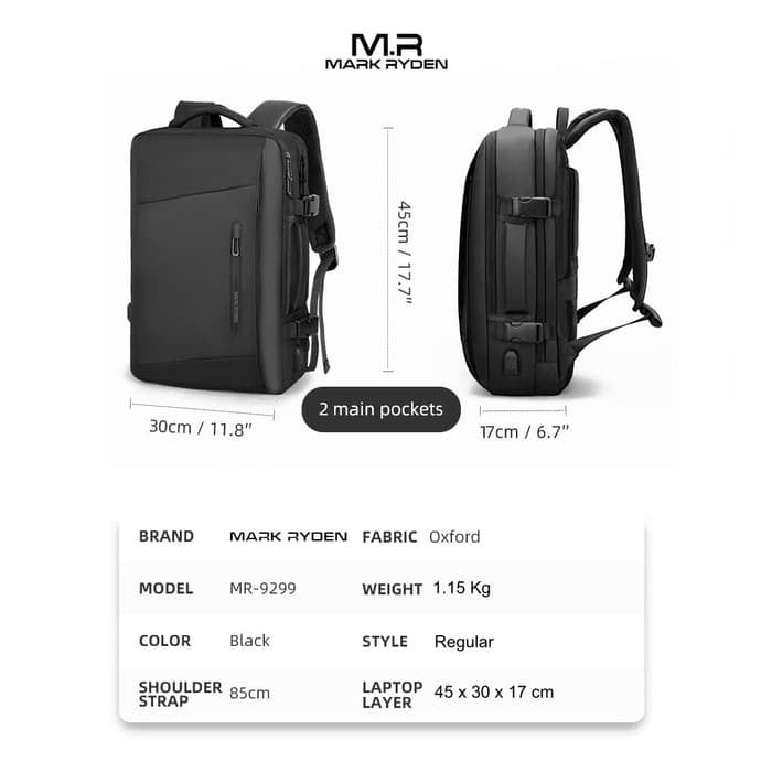 MR-9299_00 (REGULAR) 15.6-Inch Laptop Multi-Pockets (without Expansion) USB Backpack Bag