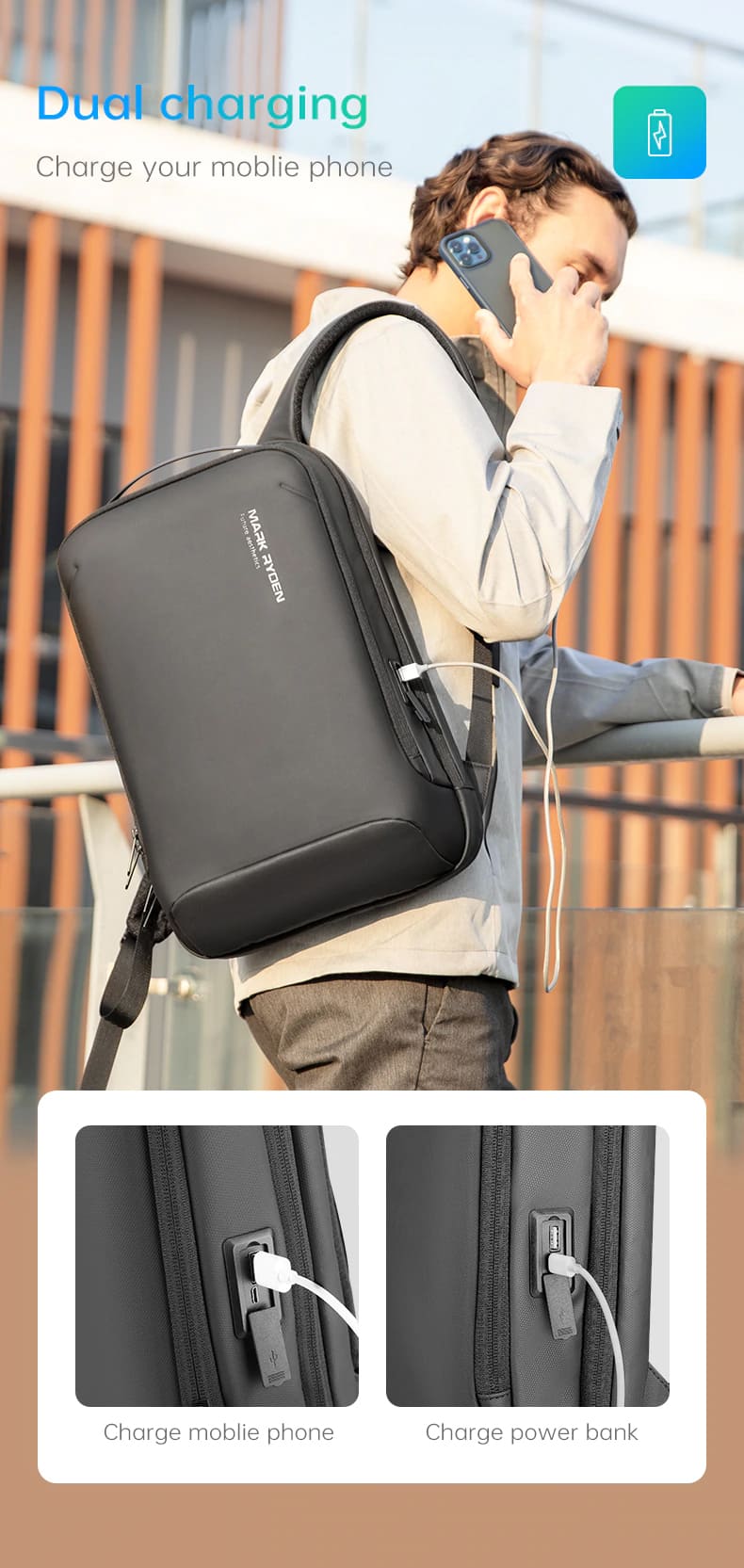 MR-9008_07 15.6-Inch Minimal Slim Casual Business Waterproof USB Charging Backpack Bag