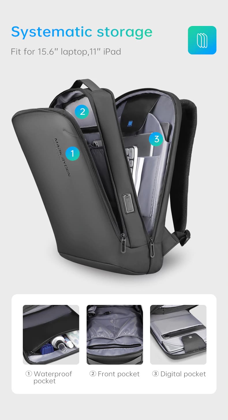 MR-9008_07 15.6-Inch Minimal Slim Casual Business Waterproof USB Charging Backpack Bag